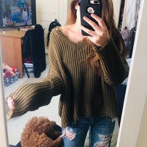 Oversized Distressed Olive Sweater